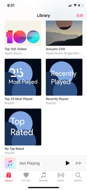 Apple Music 資料庫屏幕，顯示播放清單和導覽。