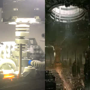 未來機器與賽博龐克城市景觀的分割視圖 — 最黑暗地牢 壁紙