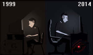 1999年和2014年的遊戲玩家使用不同電腦設置的並排插圖。 — 遊戲 壁紙