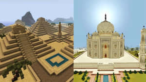 Minecraft風格的方塊金字塔和泰姬陵，帶有方塊紋理和鮮豔色彩。 — 城堡 壁紙