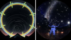 一位太空人在發光的銀河和星星下張開雙臂漂浮在太空中。 — 行星 壁紙