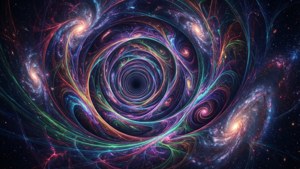 充滿活力的宇宙漩渦，在深空中旋轉的星系和霓虹觸手。