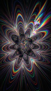 從中央幾何圖案輻射出的彩虹色萬花筒隧道。