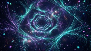 充滿活力的宇宙隧道，發光的青綠色和紫色能量絲在繁星點點的太空中旋轉。