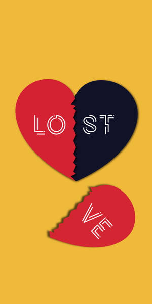 破碎心形圖案，上面有「LOST」和「LOVE」文字，背景為黃色。
