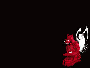 紅色武士被白色幽靈在黑色背景上高舉劍擊敗
