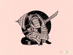 穿著盔甲的武士跪著持劍，背景是粉紅色上的星形黑色圓圈。