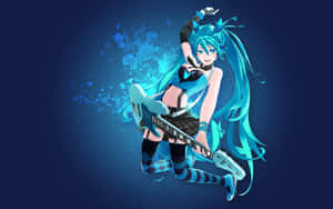 動漫女孩彈奏電結他，藍色頭髮，帶潑濺效果。 — 初音未來 壁紙