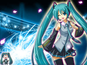 動漫歌手初音未來在充滿光效的閃耀舞台上表演。