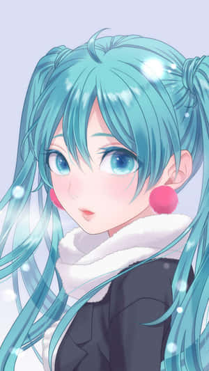 在雪地冬季場景中，擁有藍綠色頭髮和粉紅色耳環的動畫女孩。 — Vocaloid 壁紙