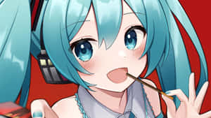 動漫女孩，擁有藍綠色頭髮和藍色眼睛，將筷子靠近嘴巴。 — 初音未來 壁紙