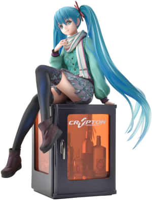 初音未來人偶坐在一個帶有橙色內部照明的發光雪櫃上。 — 可愛動漫女仔 壁紙