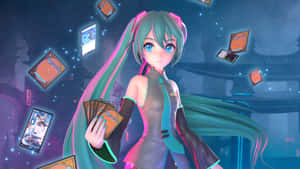 青髮動漫女孩在星空遊戲場景中手持發光卡牌。