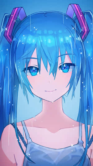 藍髮貓耳動漫女孩在閃爍雨水中微笑。