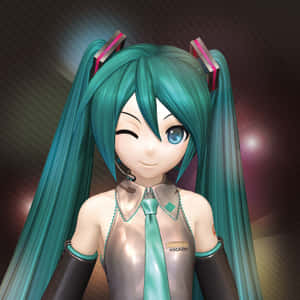 Vocaloid 動漫角色，有藍綠色雙馬尾和耳機，微笑並單眼眨眼 — 可愛動漫女仔 壁紙
