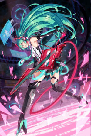 藍綠色頭髮的動畫角色在霓虹舞台上彈奏電結他。 — Vocaloid 壁紙