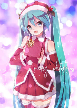 動畫角色穿著聖誕服裝，拿著禮物，伴隨著節日的閃光。 — 可愛聖誕風格 壁紙