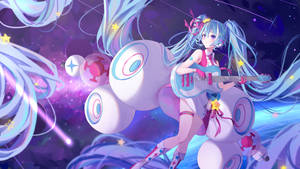 藍色頭髮的動漫女孩在星空宇宙環境中彈結他，周圍有漂浮的球體。