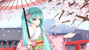 動漫女孩穿粉紅和服在神社附近櫻花下撐傘 — 初音未來 壁紙