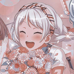 銀色頭髮的動漫女孩，拿著一束粉紅色和白色的花朵，笑著。 — 鼓舞人心的 壁紙