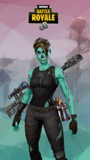 青綠色皮膚的 Fortnite 殭屍角色，戴著護目鏡和武器。