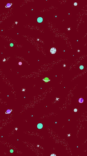 色彩繽紛的卡通行星和星星漂浮在深紅色的宇宙背景中。