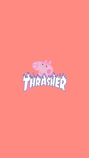 Peppa Pig 在珊瑚色背景上，Thrasher 標誌後方有火焰。