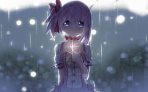 紫髮動漫少女在雨中手持發光心形