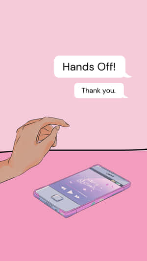 手懸浮在手機上方，帶有 'Hands Off!' 和 'Thank you.' 文字對話框。