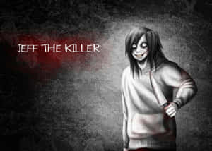 Jeff the Killer 在深色紋理背景上拿著一把刀，帶有紅色飛濺和他的白色名字。 — 藝術 壁紙