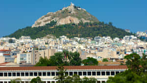 雅典城市景觀，衛城在藍天下的山丘上 — 樹 壁紙