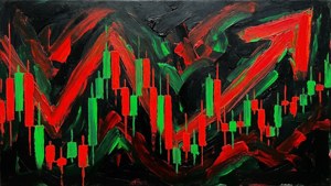 紅色、綠色和黑色的金融蠟燭圖抽象畫。