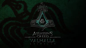 Assassin's Creed Valhalla 遊戲標誌，在深綠色紋理背景上帶有發光的青綠色符文。 — 北歐 壁紙