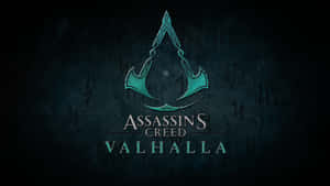 在深色紋理背景上帶有青綠色徽章和文字的 Assassin's Creed Valhalla 標誌。