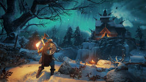 維京戰士在綠色極光下，靠近雪地教堂手持火炬。 — 夜晚 GIF 壁紙