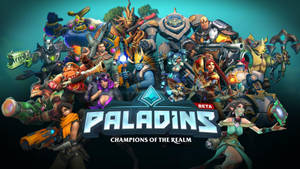Paladins 遊戲角色以動態姿勢呈現，配備未來武器和發光效果。 — 奇幻 壁紙