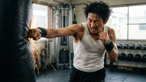 男人喺健身室猛烈打重沙包，火花四濺。