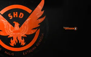 橙色SHD徽章,帶有鷹和拉丁格言,在深色背景上,並有The Division 2標誌。