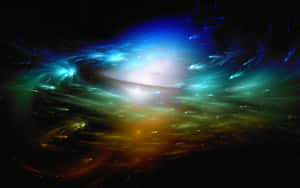 在深空中帶有旋轉的藍色、綠色和橙色雲朵的鮮豔宇宙星雲。