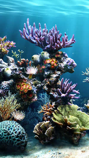 清澈藍色海水下擁有豐富海洋生物的彩色珊瑚礁。