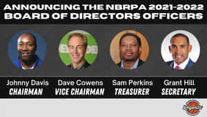 四位籃球傳奇人物被任命為 NBRPA 董事會成員，照片下方有職稱。