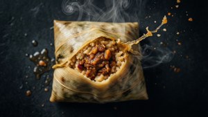 蒸氣騰騰的糉子，帶有鹹香糯米和肉餡，置於深色表面。