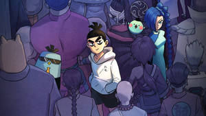 穿著白色連帽衫的動漫男孩在紫色燈光下，挑釁地站在一群風格化的角色中。
