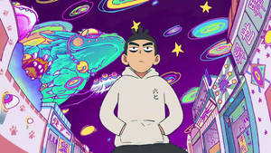 年輕男子穿連帽衫在霓虹小巷，漂浮外星生物。