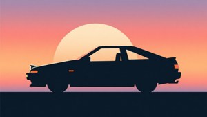 日落時分，經典跑車的黑色剪影，天空呈現橙色和粉紅色