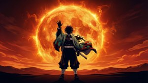動漫戰士在沙漠中於巨大的火熱太陽前舉起手。