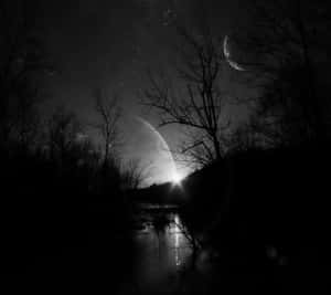 剪影樹木和河流在繁星點點的夜空下，有新月和發光的外星行星。 — 暮光 壁紙