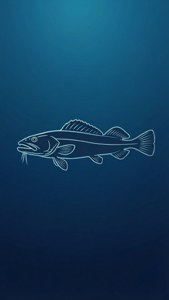 白色線條藝術的鱈魚在深藍色海洋水中游泳。