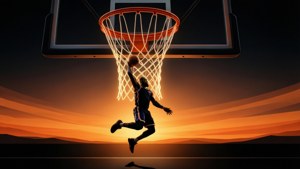 一名籃球運動員在半空中於日落時分灌籃
