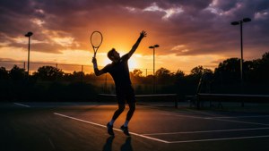 網球運動員在戶外球場夕陽下發球